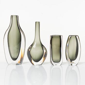 Nils Landberg, a set of four "Sommerso" vases, Orrefors, 1950s-60s.
