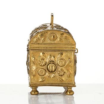 A Swedish baroque repousse brass box, dated 1707.