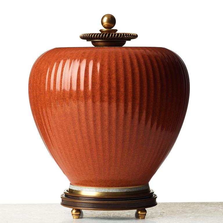 Knud Andersen, & ROYAL COPENHAGEN, a porcelain jar with patinated and gilt bronze cover and stand, Denmark mid 1900's.