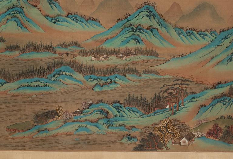 A fine hand scroll landscape painting, copy after Wen Zhengming (1470-1559), late Qing dynasty (1644-1912).