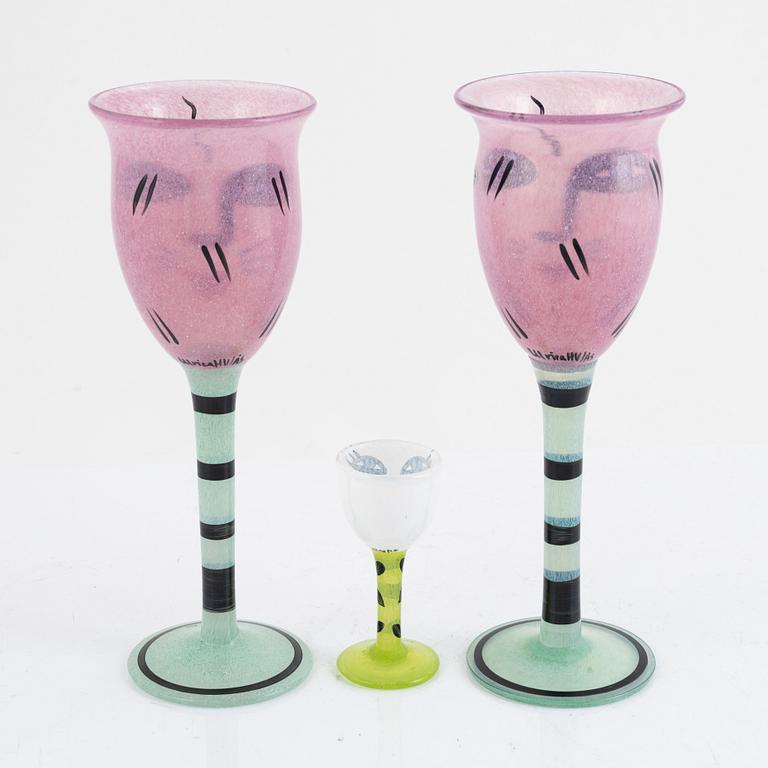Ulrica Hydman-Vallien, "Open Minds", 2 goblets and 1 shot glass, Kosta Boda.
