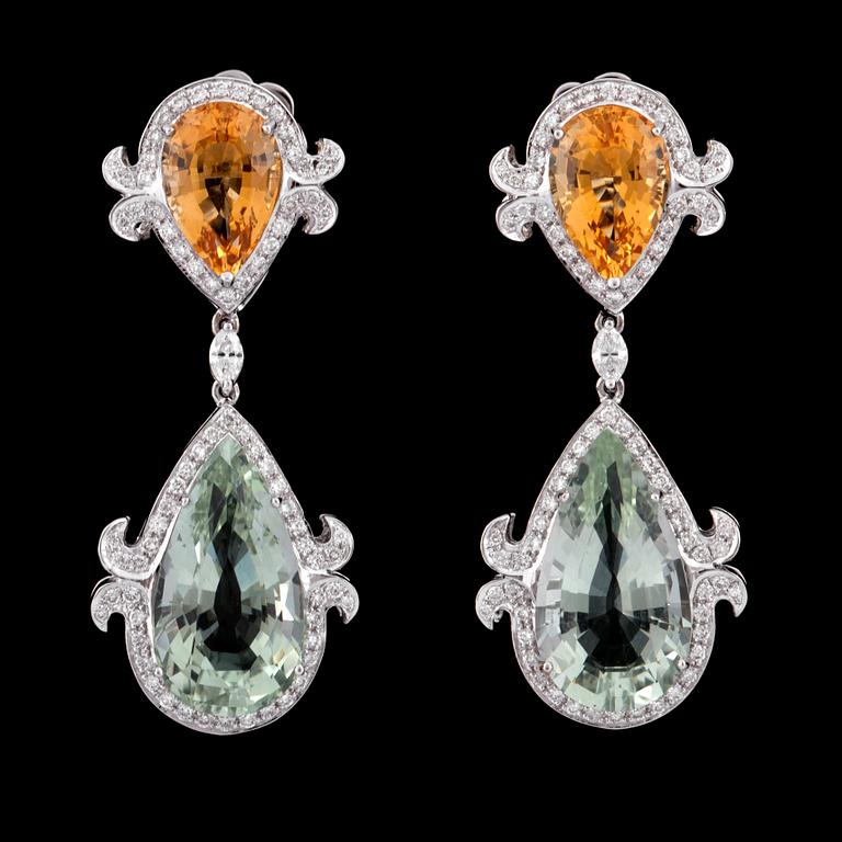 A pair of prasiolite, citrine and diamond, circa 1.35 cts, earrings.