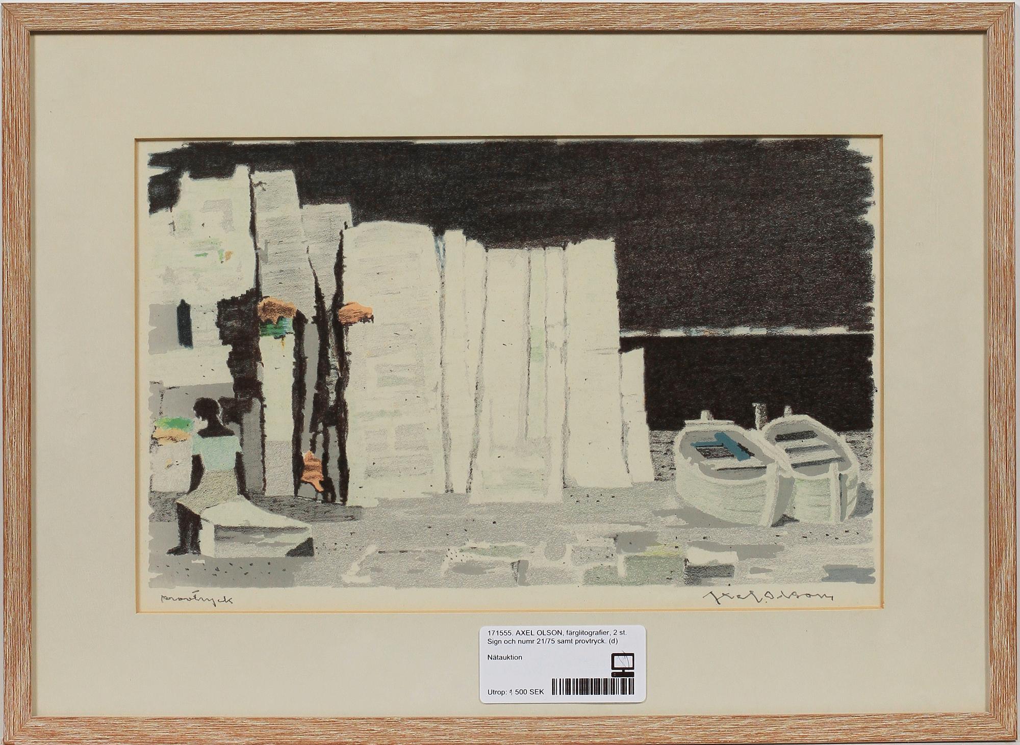 AXEL OLSON, färglitografier, 2 st. Sign och numr 21/75 samt provtryck.