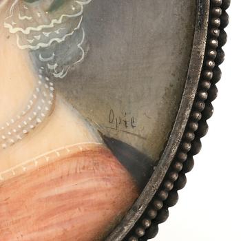 HÄNGE, miniatyr, gouache på ben, signerad Opie, ram i låghaltigt silver.