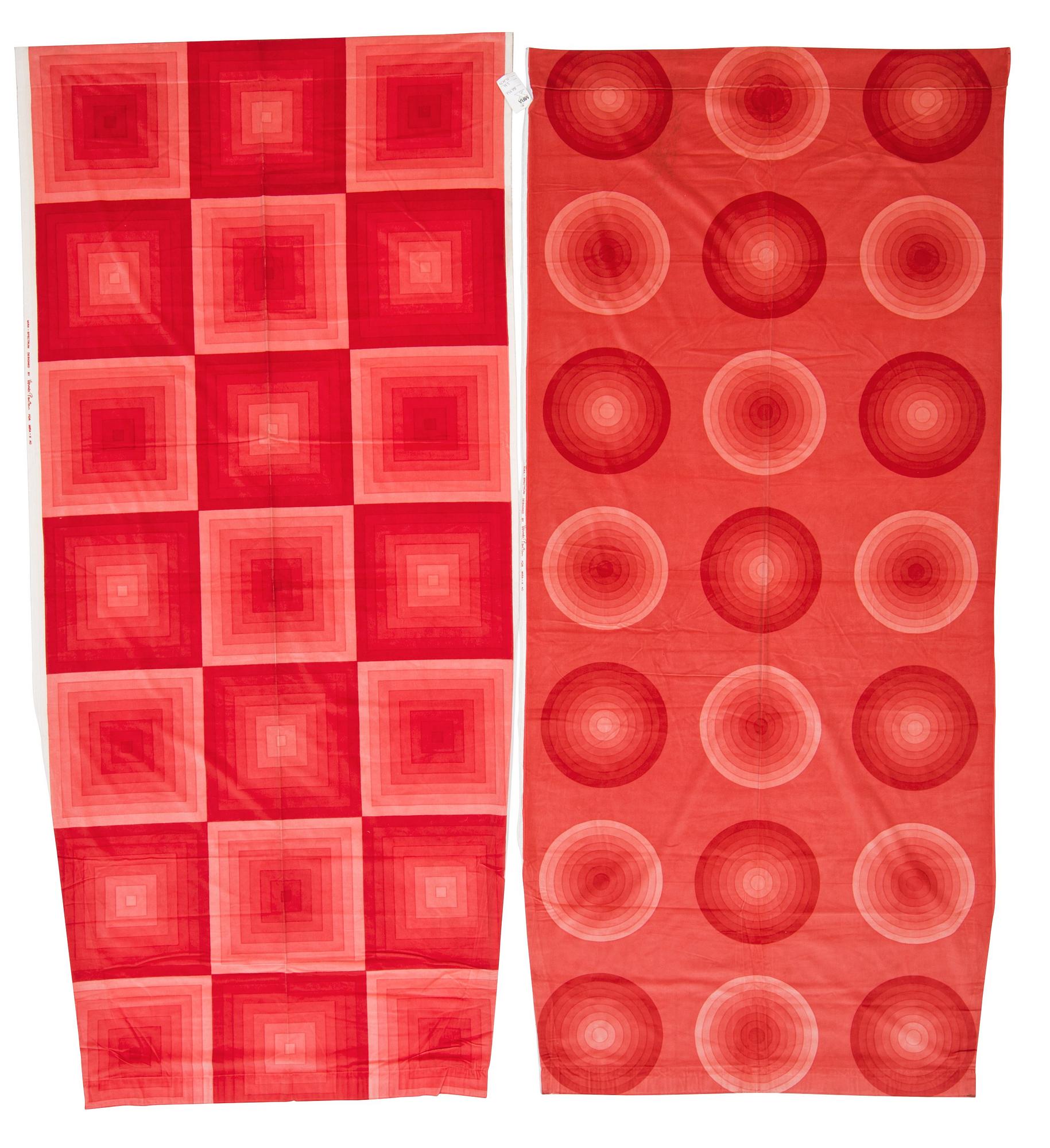 GARDINLÄNGDER, 3 ST., OCH PROVBITAR, 4 ST. Bomullsvelour. Olika ljusröda nyanser och mönster. Verner Panton.
