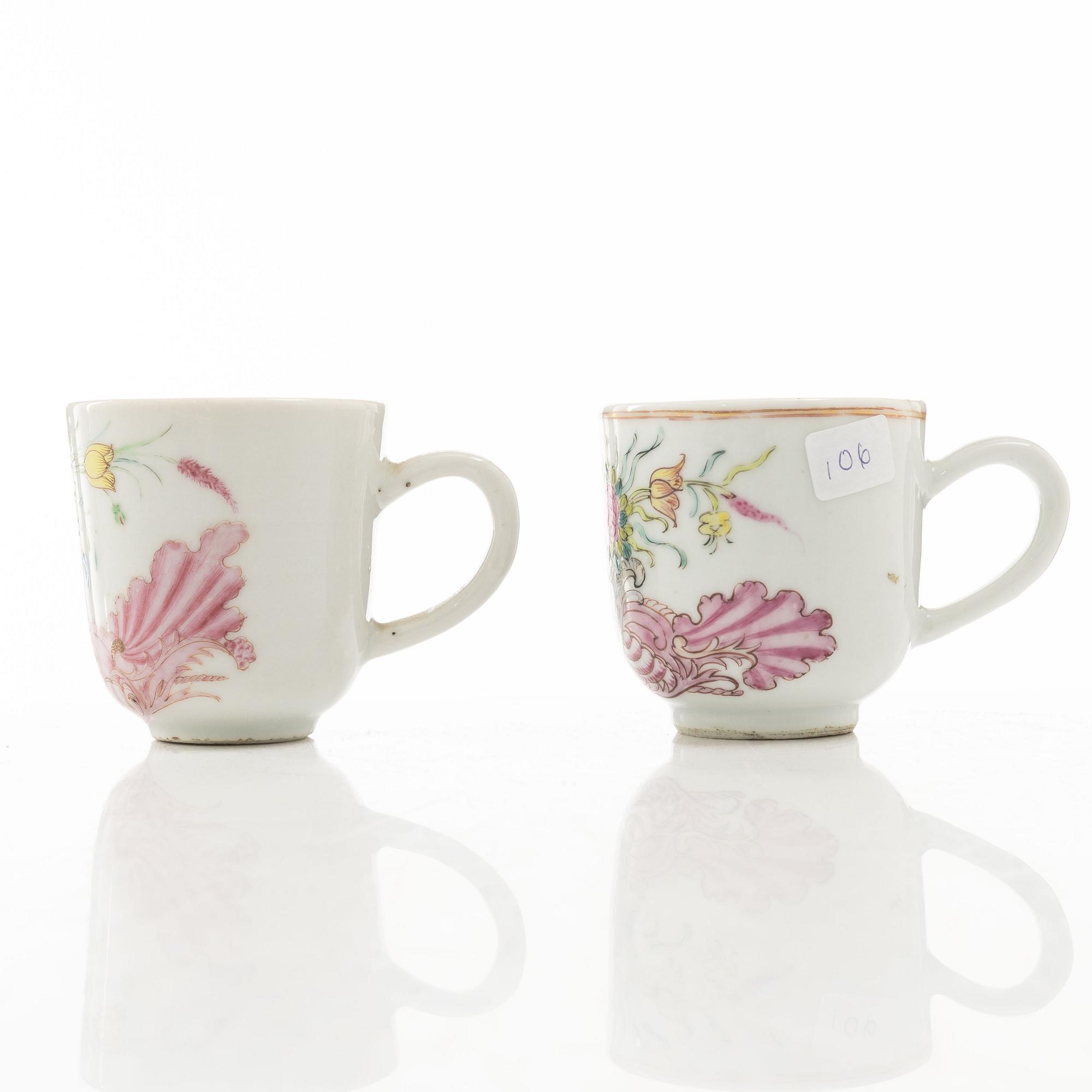 Tallrik och två koppar, porslin, Kina, Qingdynastin, Qianlong (1736-95).