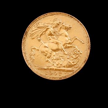 GULDMYNT, sovereign, Edward VII, 1907. Vikt ca 8 gram.