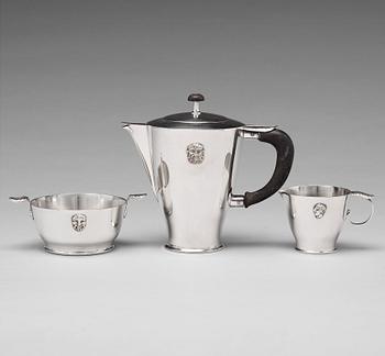 273. Wolter Gahn, kaffeservis, tre delar, nysilver, Swedish Grace, Karl Wojtech, Stockholm 1920-tal.