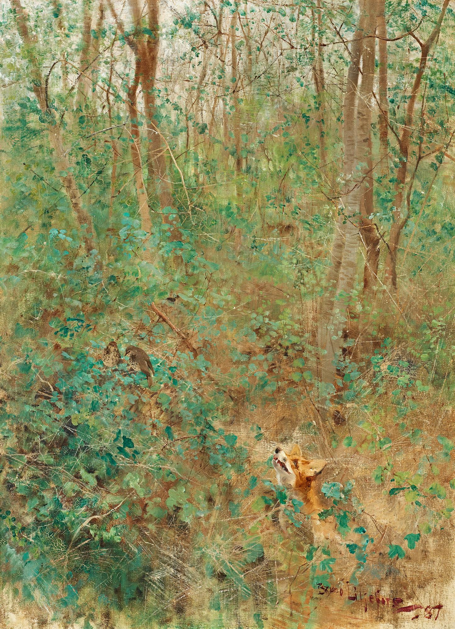 Bruno Liljefors, "Räf som lurar på trastar" (Fox in wait for thrushes).