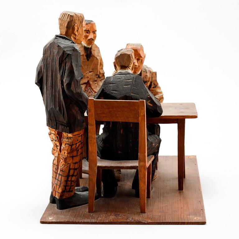 AXEL PETERSSON DÖDERHULTARN, sculpture group, partially painted carved wood, Chess players, stamp signed.