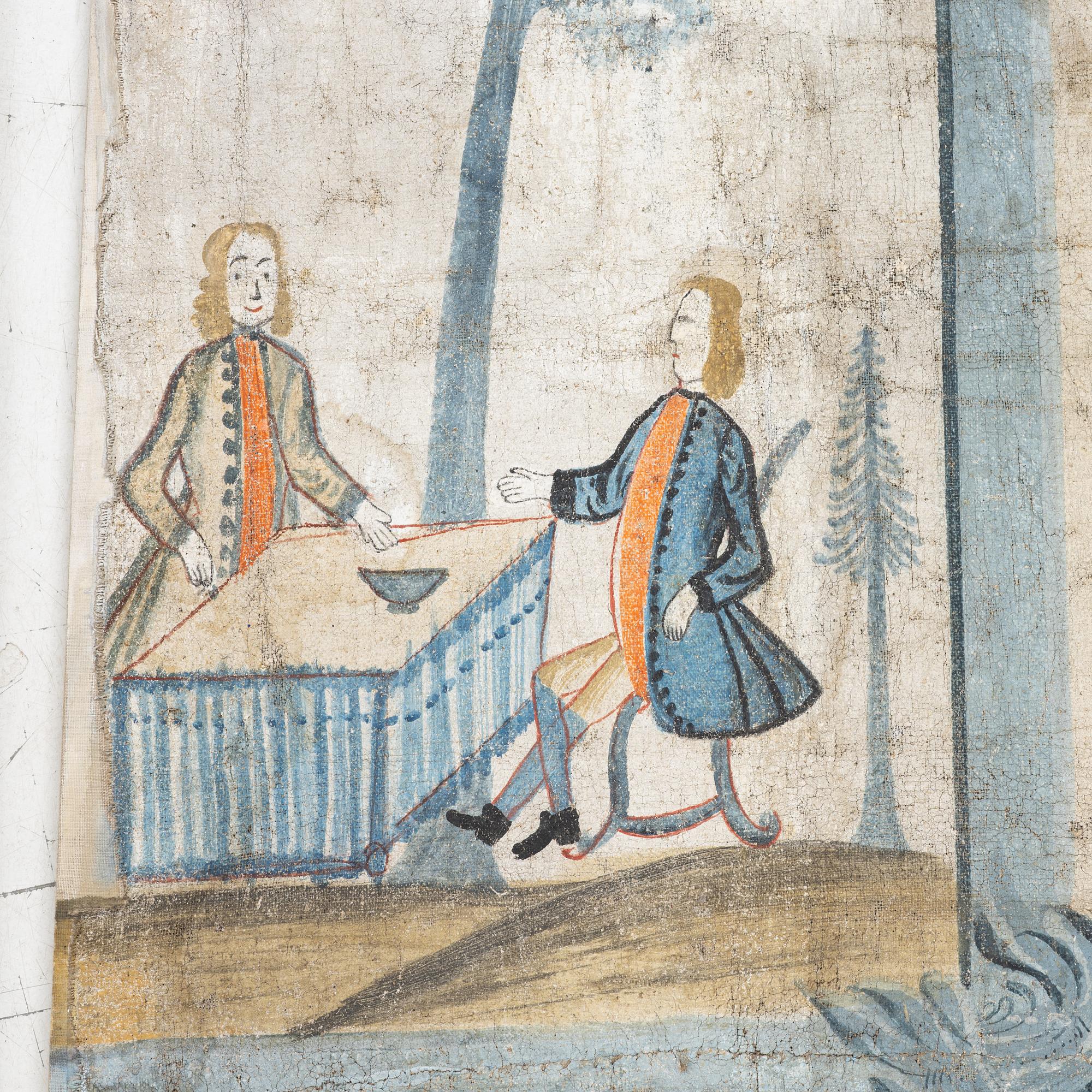 A nine-piece part folk art wall painting from Värmland, Sweden, late 18th century.