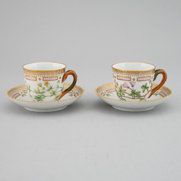 A pair of Royal Copenhagen 'Flora Danica' coffee cups with saucers, Denmark.