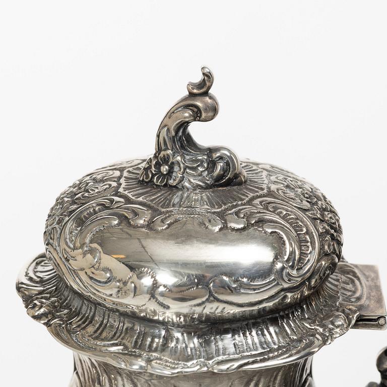 A three-piece rococo-style silver coffee service, GEWE, Malmö, 1955.