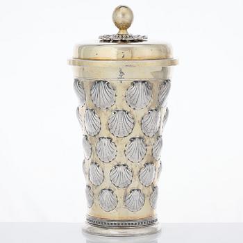 A 17th century parcel gilt silver beaker and cover, unidentified makers mark, possibly Balticum.