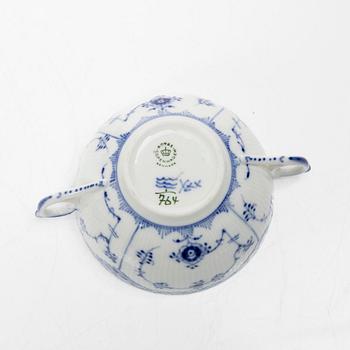 Royal Copenhagen, a set of nine consommé bowls with covers and saucers, and two cups without saucers, "Blue fluted half lace", 1960s.