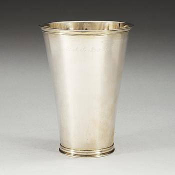 A Swedish early 18th century parcel-gilt beaker, makers mark of Johan Schenck, Stockholm 1709.