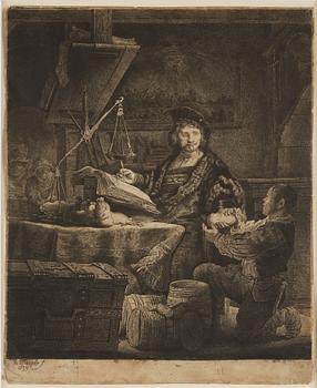 REMBRANDT HARMENSZ VAN RIJN, "The Goldweigher", etching and drypoint, signed in print etat III av IV "Rembrandt 1639".