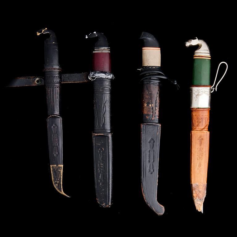 PUUKKO-KNIVAR, 4 st, signerade Järvenpää, Kankaanpää och Lahdensuo. Kauhava och Lapua, Finland 1900-tal. En osignerad.