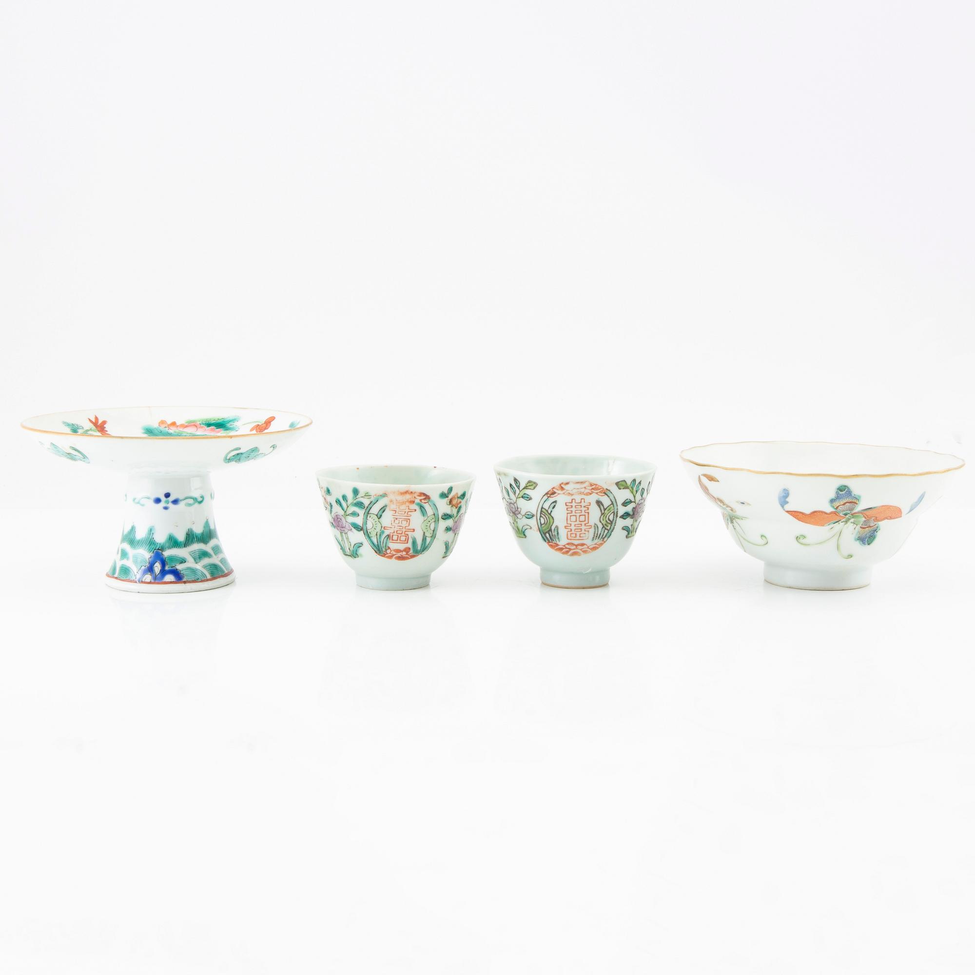 A Chinese stemcup, a bowl and two cups, late Qing dynasty/early 20th century.