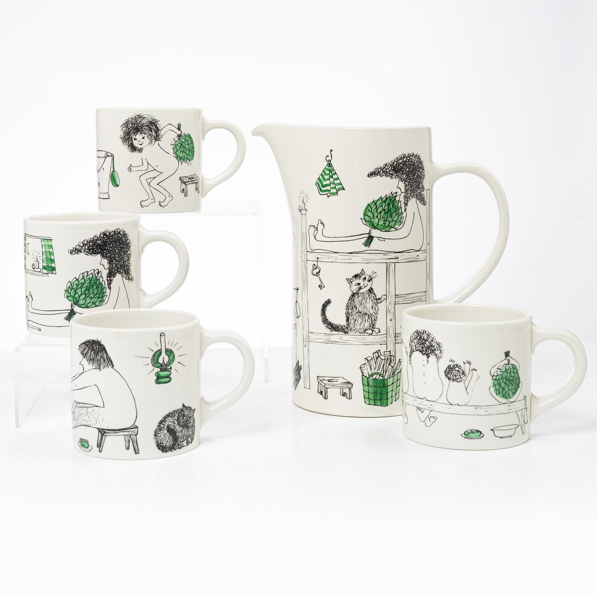 Gunvor Olin-Grönqvist, mugs, 4 pcs and a jug, Arabia, Finland, second half of the 20th century.