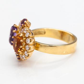 Ring "Sofia Albertina", 18K guld, citrin, ametister, diamanter ca 0.72 ct tot. Ofelia Jewelry, Helsingfors 1998.