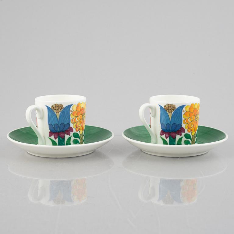 Stig Lindberg, six 'Tahiti' coffee cups with saucers, bone china, Gustavsberg, 1970-73.