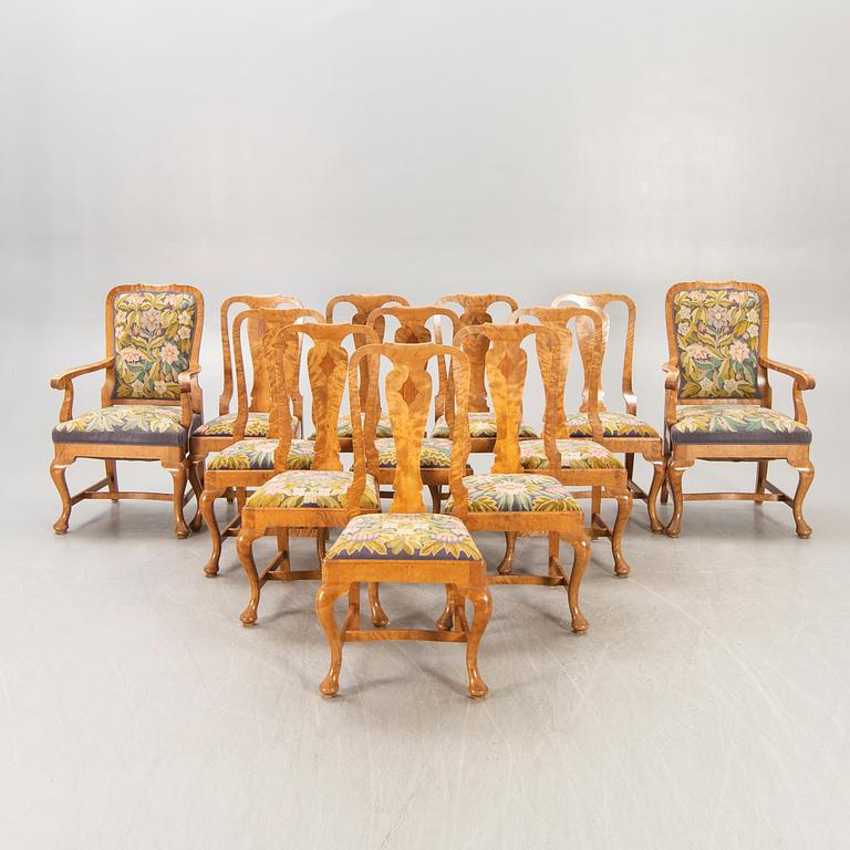 An eleven pcs birch Rococo style dining group early 1900s from Mobilia Malmö.