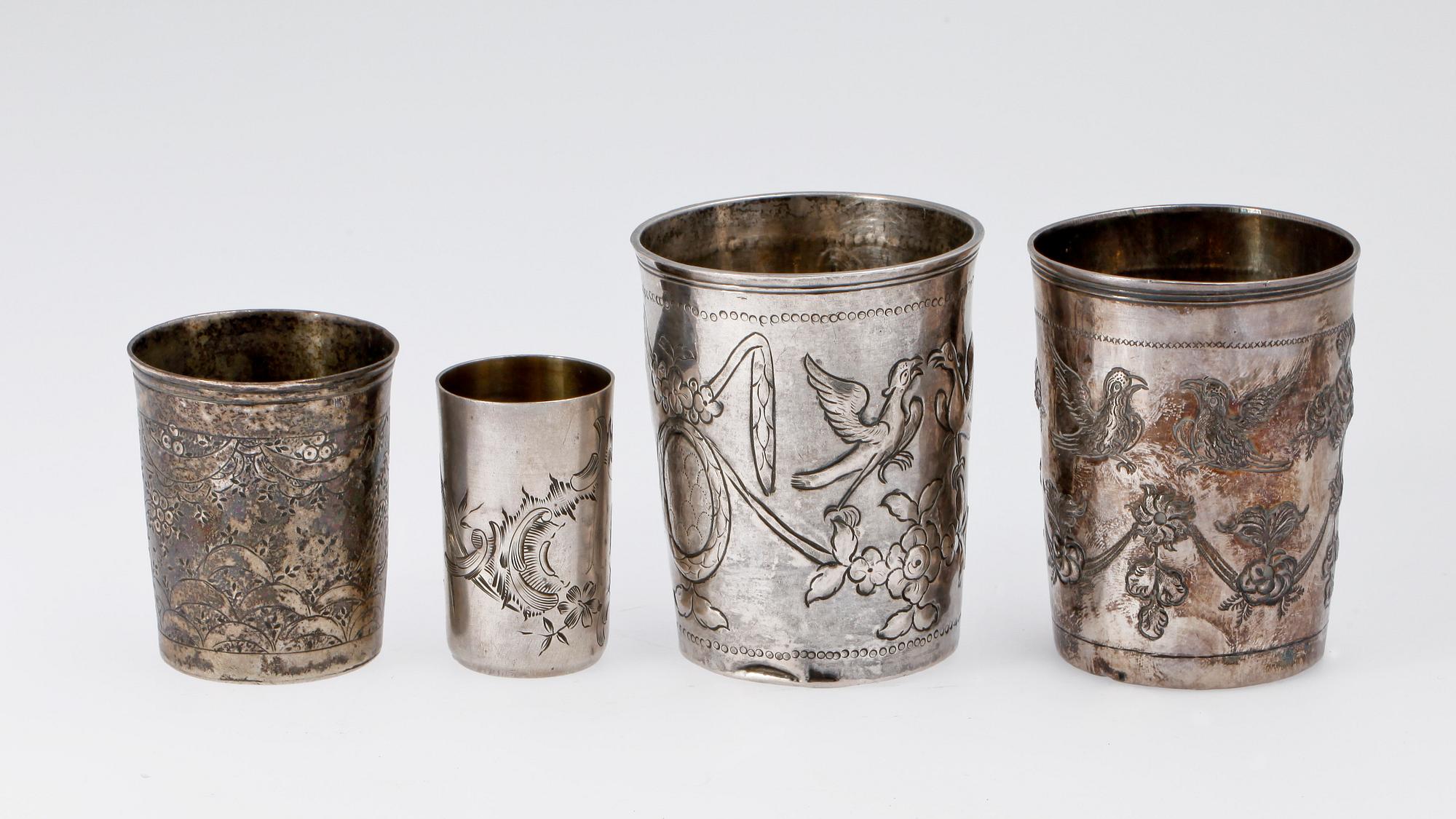 BÄGARE, 4st, silver. Ryssland, 1700 och 1800-tal.