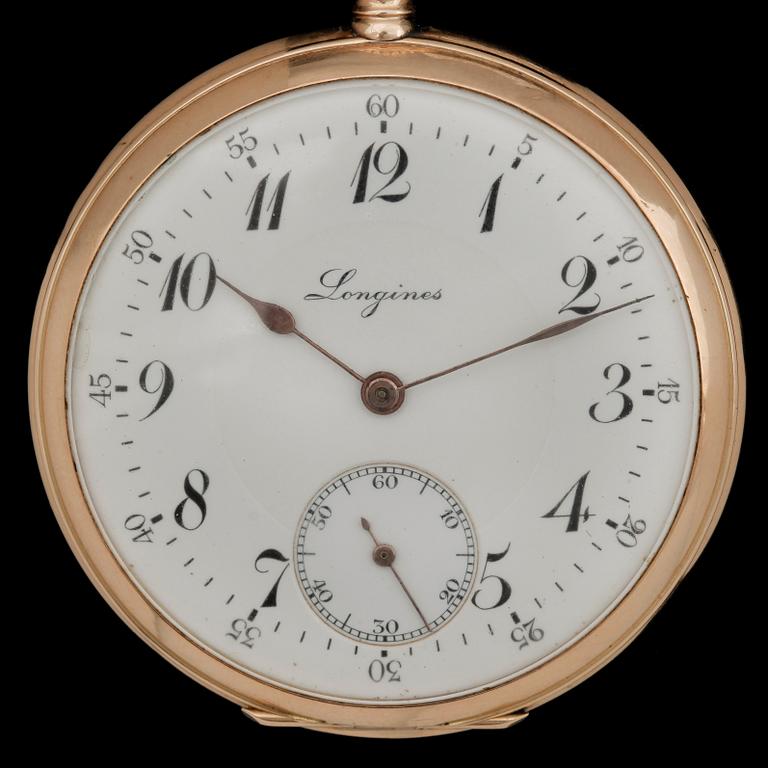 HERRFICKUR, 14k, med klockkedja, Longines. 1800/1900-tal. Vikt 71 resp 35g.