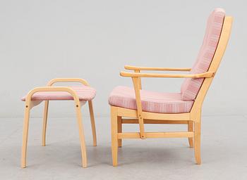 FÅTÖLJ OCH PALL, ""Stora fjäderbrickan" Carl Malmsten resp "Lamino" Yngve Ekström, Swedese.