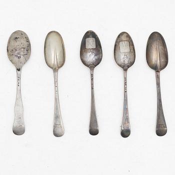 Five silver spoons, England and Sweden, 18th century.