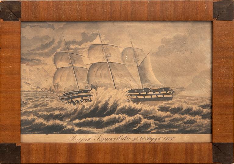Okänd konstnär 1800-tal,  "Skeppet Tapperheten i storm utanför Londonderry, Irland, d 14 augusti 1825".
