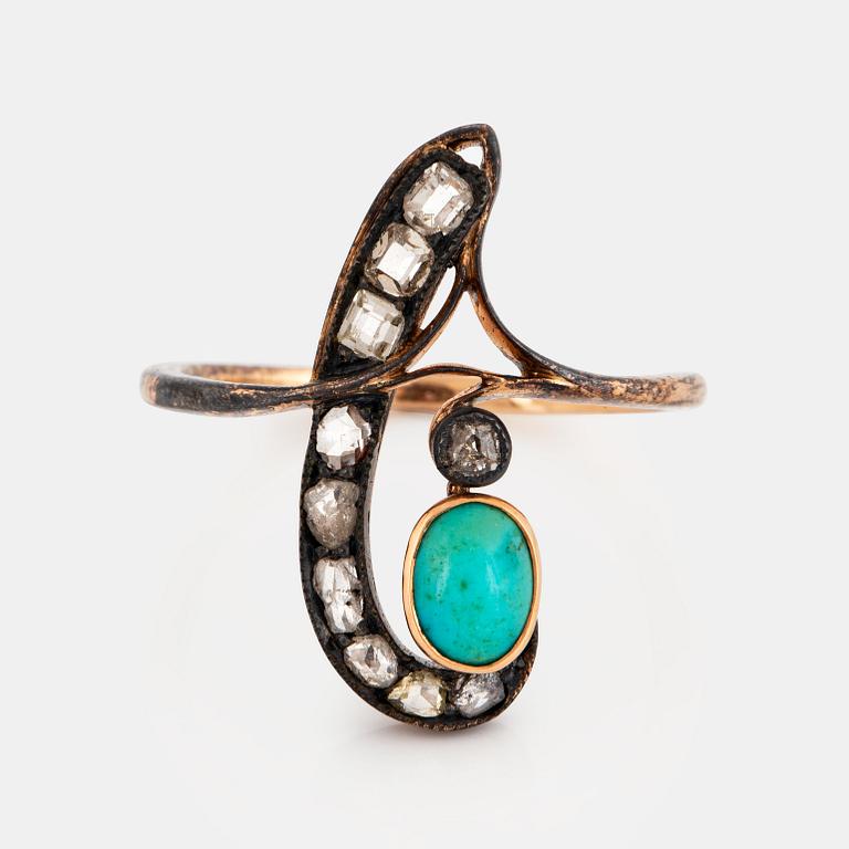 Fedor Lorie ring 14K guld och silver med en turkos och gammalslipade diamanter.