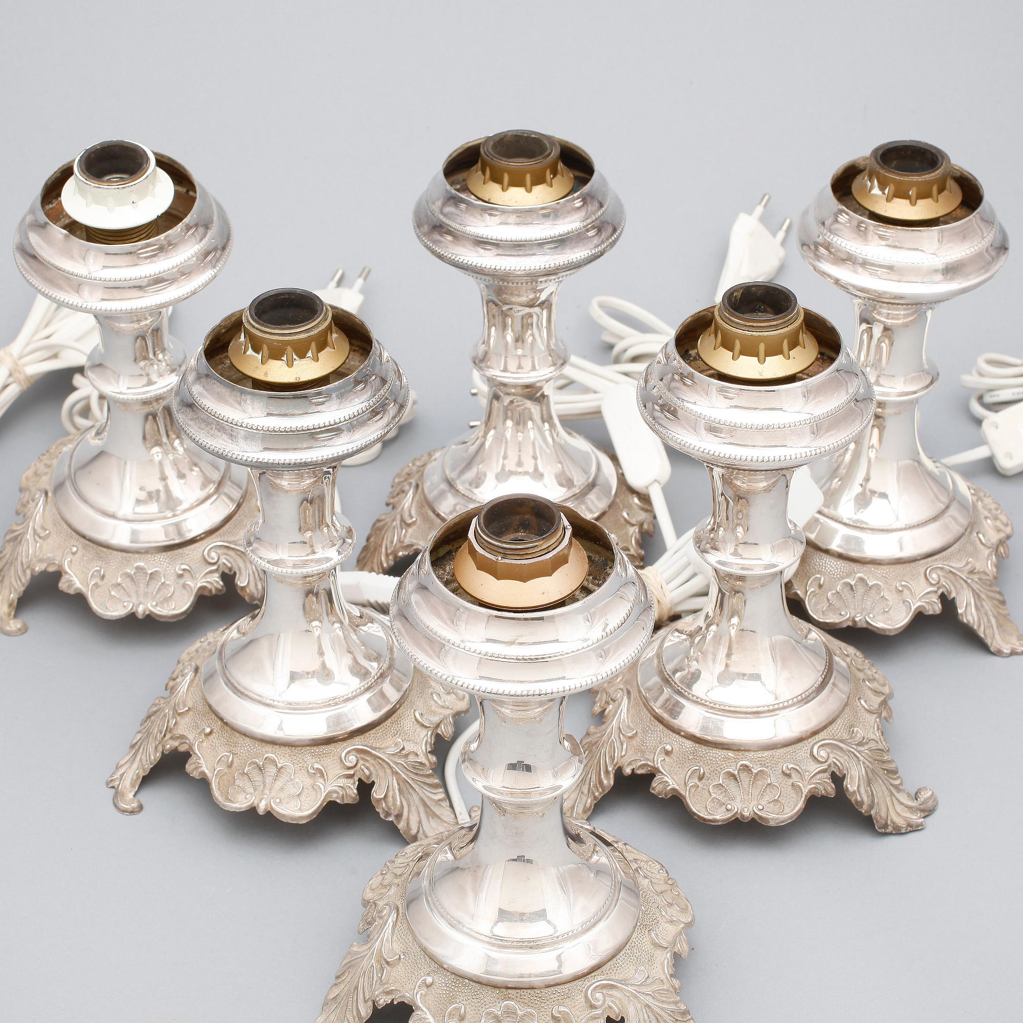 BORDSLAMPOR, 6 st, nysilver, Italien, 1900-talets andra hälft.