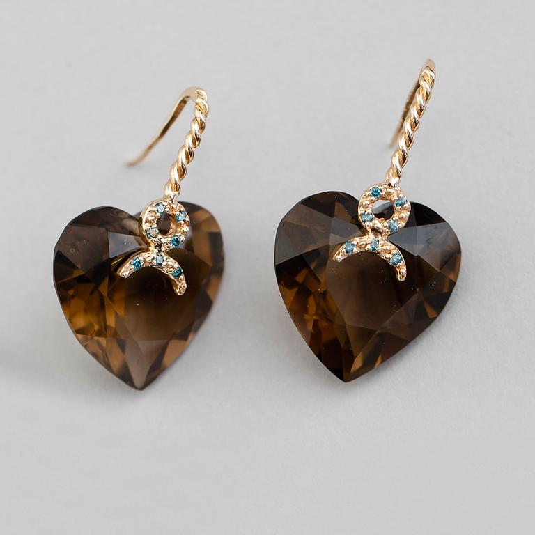 ÖRHÄNGEN, 1 par, 14 k guld, rökkvarts och färgade diamanter. Total vikt ca 10,5 g.