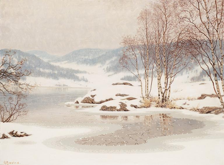 Gustaf Fjaestad, Snow on frozen lake.