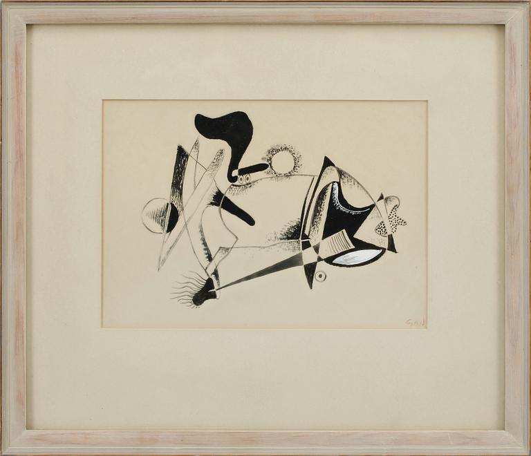 GÖSTA ADRIAN-NILSSON, tuschteckning med täckvitt samt bok. Teckningen signerad.