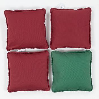 CUSHIONS, 4 pcs., three red ca 46 x 48 cm, ca 46 x 47 cm, ca 47 x 48 cm, a green ca 47 x 47 cm, probably  Europe.