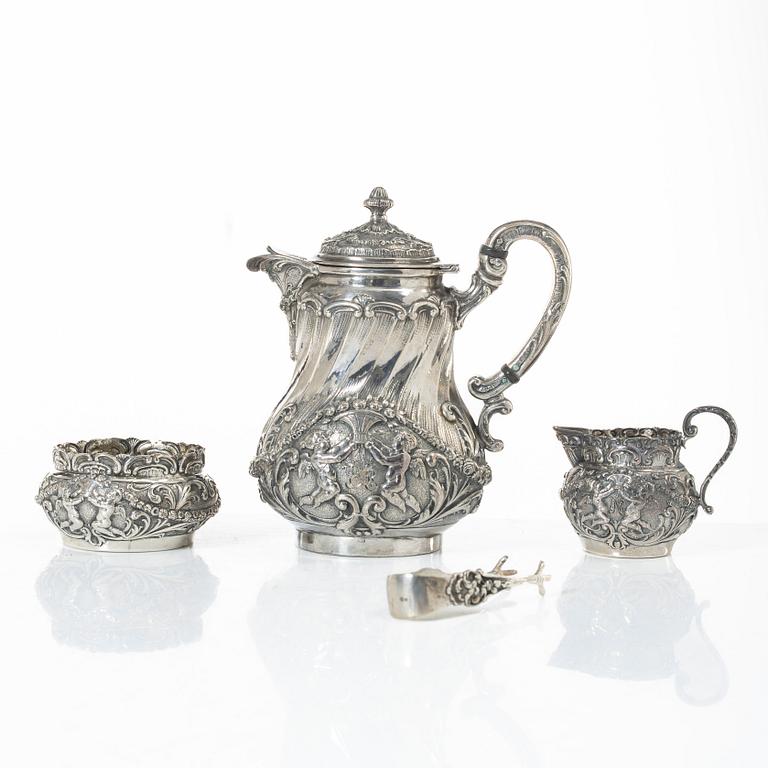 Coffee service, four pieces, silver, Rococo style, 20th century.