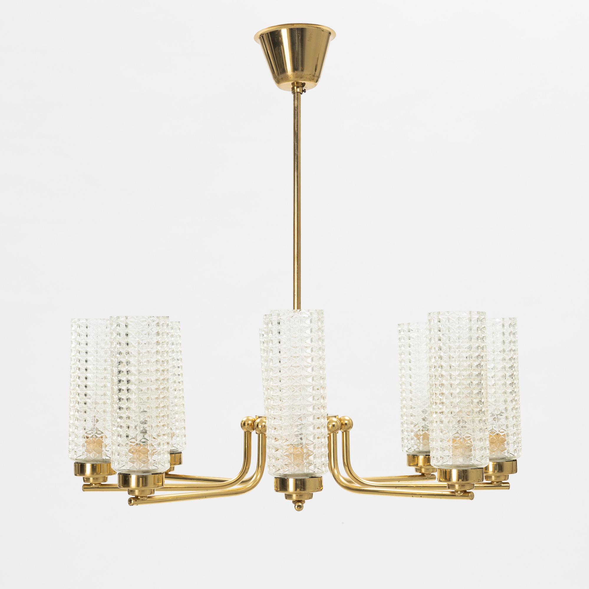 A glass and brass ceiling light, second half of the 20th Century.