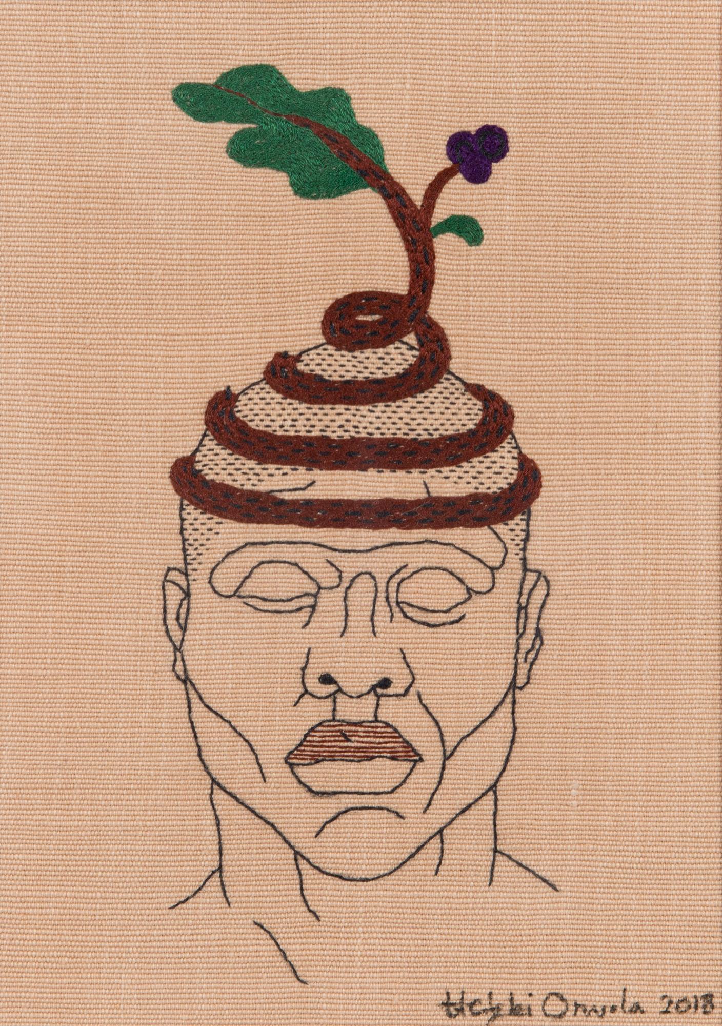 Heikki Orvola, kirjontatyö, "Kenin päähine" -sarja, signeerattu Heikki Orvola 2018.