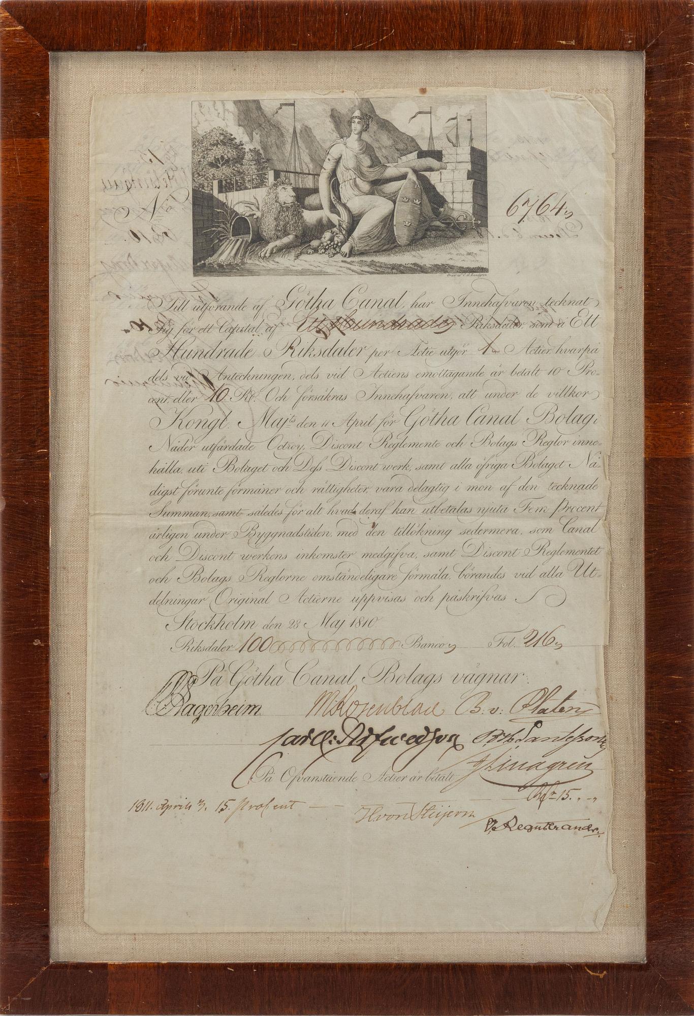 Stock certificate, Götha Canal Company, No. 6764, 1810/11.