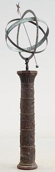 A Johannes Dahl copper and black lacquered cast iron sundial on column, Näfveqvarns Bruk.