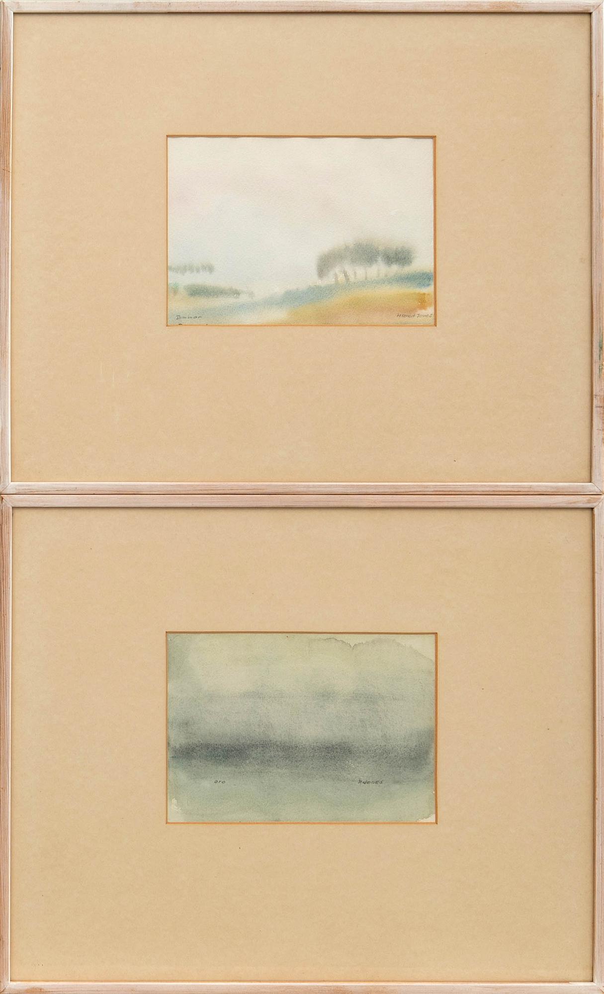 Margit Jones, akvareller, 2 st, "Dimman" och "Oro".