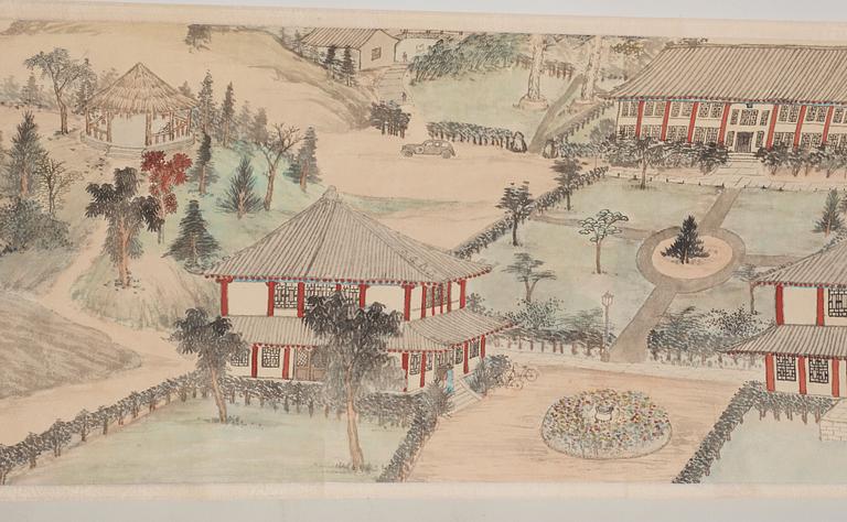 A handscroll with caligraphy of a scenery from Beijing University, dated Yanjing (Beijing) spring of 1937.