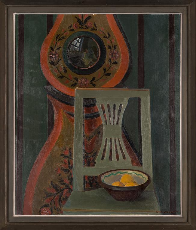 Veikko Vionoja, Still life with a chair and longcase clock.