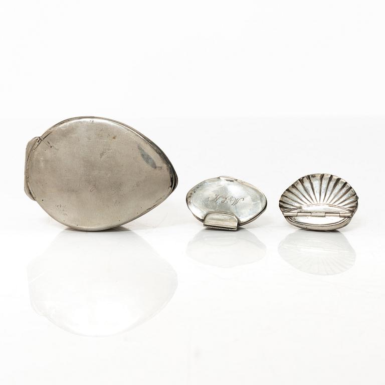A set of three silver and seashell boxes, Sweden, 19th century.