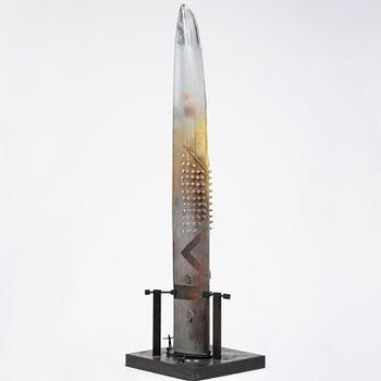 Bertil Vallien, a sand cast glass sculpture of a standing half-boat, Kosta Boda, Sweden.