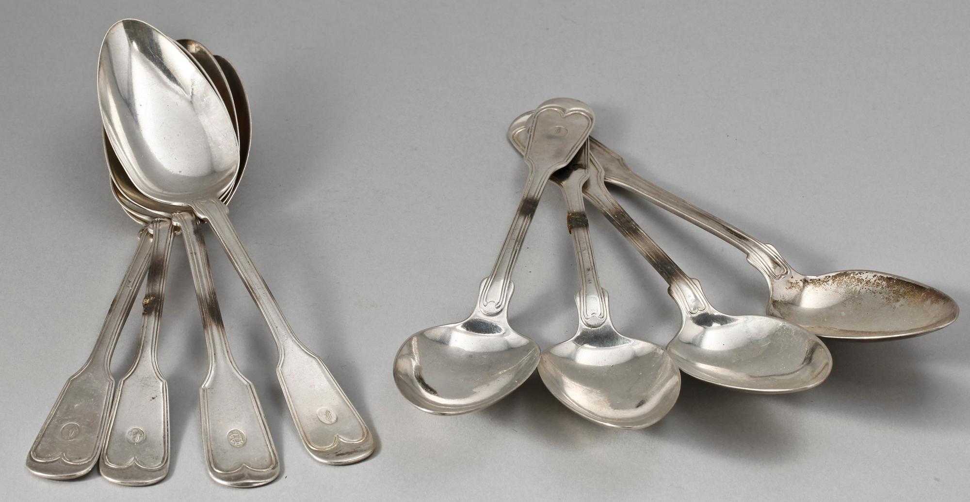 MATSKEDAR, 8 st, silver, Carl Johan Grönvall resp Möllenborg, Stockholm 1800-talets andra hälft till tidigt 1900-tal.