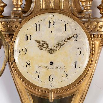 A Gustavian wall clock by Hans Wessman, Stockholm, active 1787-1805.